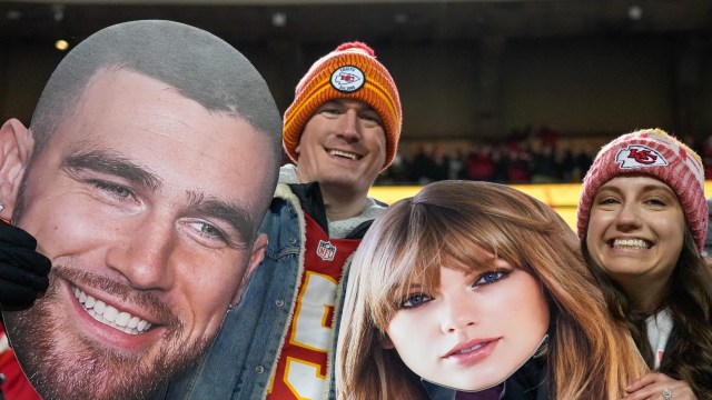 Posters of Kansas City Chiefs tight end Travis Kelce, superstar Taylor Swift