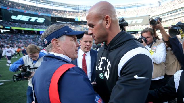 New England Patriots head coach Bill Belichick and New York Jets head coach Robert Saleh