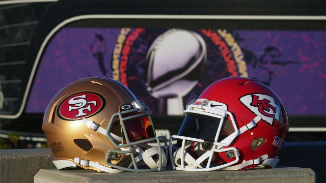 San Francisco 49ers and Kansas City Chiefs helmets for Super Bowl LVIII