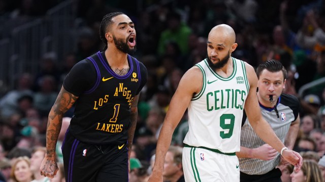 Los Angeles Lakers guard D'Angelo Russell and Boston Celtics guard Derrick White