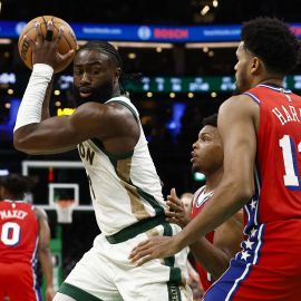 Boston Celtics forward Jaylen Brown and Philadelphia 76ers forward Tobias Harris