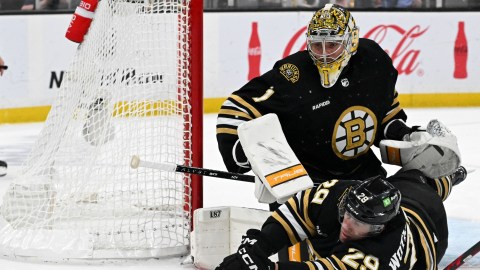 Boston Bruins goaltender Jeremy Swayman and defenseman Parker Wotherspoon