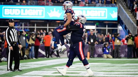 New England Patriots running back Kevin Harris and offensive lineman Mike Onwenu