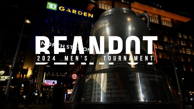 Men's Beanpot Trophy outside TD Garden of 2024 Men's Beanpot Tournament