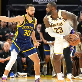 Golden State Warriors guard Stephen Curry and Los Angeles Lakers forward LeBron James