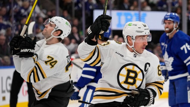Boston Bruins forwards Brad Marchand and Jake DeBrusk