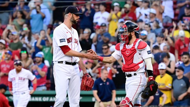 Boston Red Sox pitcher Chris Martin and catcher Connor Wong