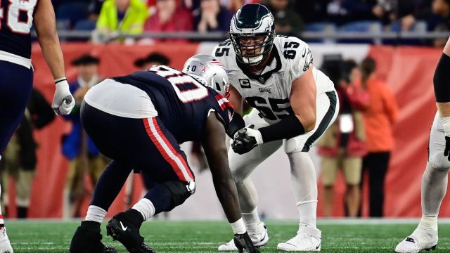 New England Patriots defensive tackle Christian Barmore and Philadelphia Eagles offensive tackle Lane Johnson