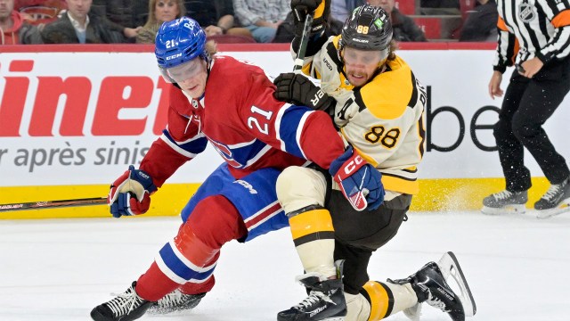 Boston Bruins forward David Pastrnak and Montreal Canadiens defenseman Kaiden Guhle