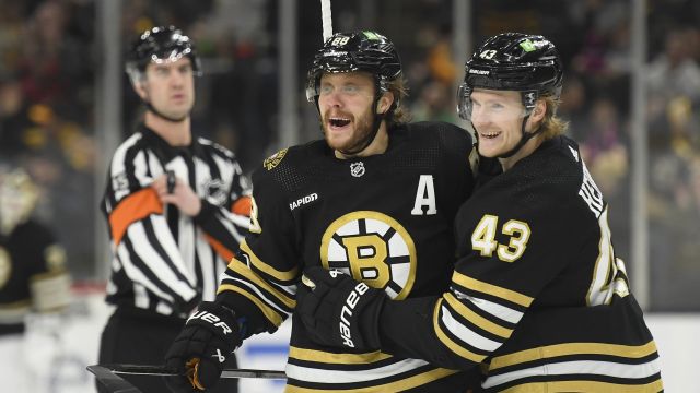 Boston Bruins teammates David Pastrna and, Danton Heinen