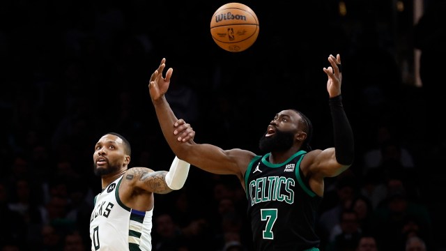 Boston Celtics guard Jaylen Brown and Milwaukee Bucks guard Damian Lillard