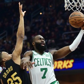 Boston Celtics guard Jaylen Brown and Cleveland Cavaliers forward Isaac Okoro