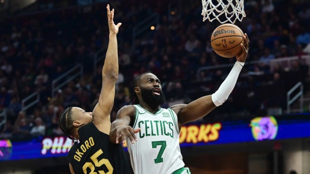 Boston Celtics guard Jaylen Brown and Cleveland Cavaliers forward Isaac Okoro