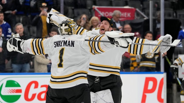 Boston Bruins goaltenders Linus Ullmark and Jeremy Swayman