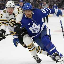 Boston Bruins defenseman Charlie McAvoy and Toronto Maple Leafs forward William Nylander