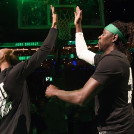 Boston Celtics guards Derrick White and Jrue Holiday