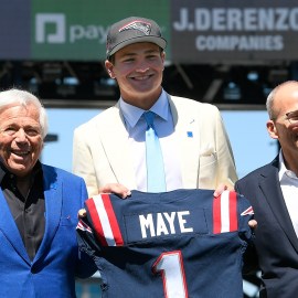 New England Patriots quarterback Drake Maye, owner Robert Kraft and team president Jonathan Kraft.