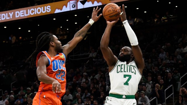 Boston Celtics guard Jaylen Brown and Oklahoma City Thunder guard Cason Wallace