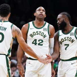 Boston Celtics forwards Jayson Tatum, Jaylen Brown and Al Horford