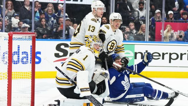 Boston Bruins goalie Jeremy Swayman and Toronto Maple Leafs center John Tavares