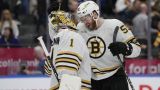 Boston Bruins goalie Jeremy Swayman and forward Justin Brazeau