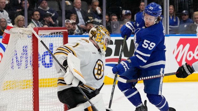 Boston Bruins goaltender Jeremy Swayman and Toronto Maple Leafs forward Tyler Bertuzzi