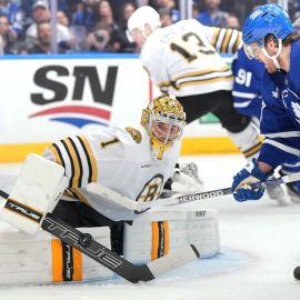 Boston Bruins goalie Jeremy Swayman and Toronto Maple Leafs right wing William Nylander
