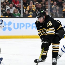 Boston Bruins forward Pavel Zacha and Toronto Maple Leafs goaltender Ilya Samsonov and forward Auston Matthews