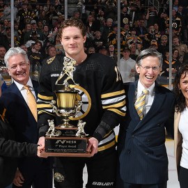 Boston Bruins forward Trent Frederic receives NESN's 7th Player Award from jack Edwards