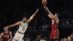 Miami Heat forward Caleb Martin, Boston Celtics forward Jayson Tatum