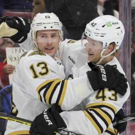 Boston Bruins forwards Charlie Coyle, Danton Heinen