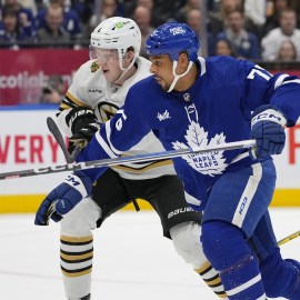 Toronto Maple Leafs forward Ryan Reaves, Boston Bruins defenseman Mason Lohrei