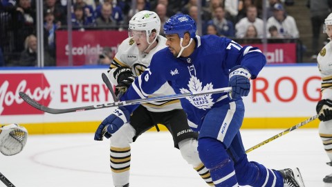 Toronto Maple Leafs forward Ryan Reaves, Boston Bruins defenseman Mason Lohrei