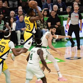 Indiana Pacers guard Aaron Nesmith and Boston Celtics forward Jayson Tatum