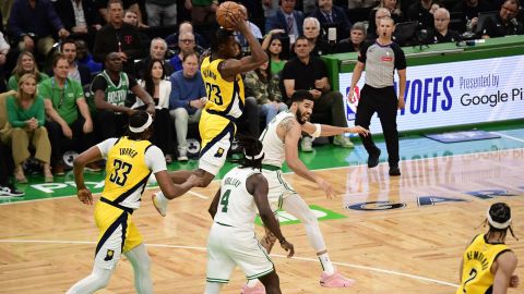 Indiana Pacers guard Aaron Nesmith and Boston Celtics forward Jayson Tatum