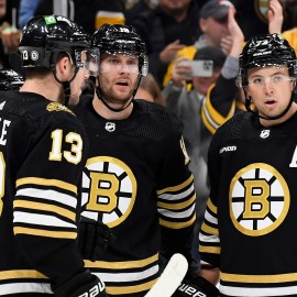 Boston Bruins teammates Charlie Coyle, Pavel Zacha and Charlie McAvoy