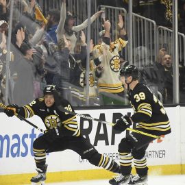 Boston Bruins forwards David Pastrnak and Morgan Geekie