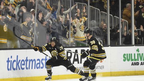 Boston Bruins forwards David Pastrnak and Morgan Geekie