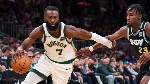 Boston Celtics guard Jaylen Brown and Indiana Pacers forward Aaron Nesmith