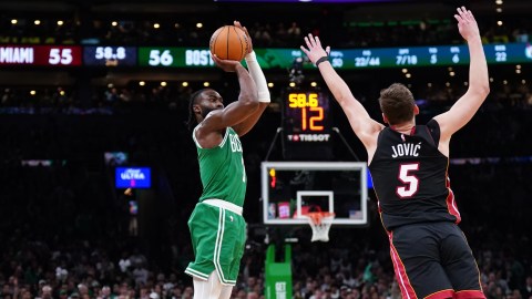 Boston Celtics guard Jaylen Brown and Miami Heat forward Nikola Jovic