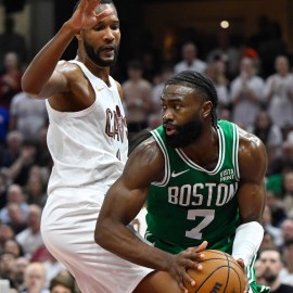 Boston Celtics guard Jaylen Brown and Cleveland Cavaliers center Evan Mobley