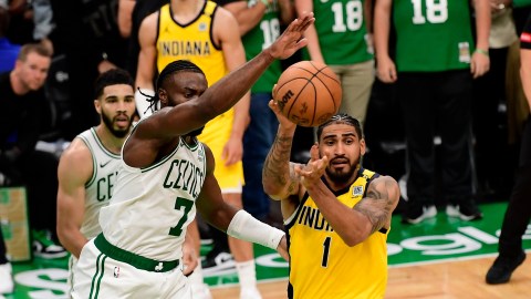 Boston Celtics guard Jaylen Brown and Indiana Pacers forward Obi Toppin