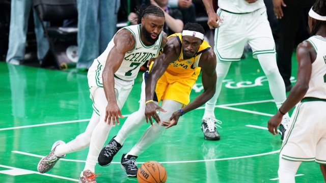 Boston Celtics guard Jaylen Brown and Indiana Pacers forward Pascal Siakam