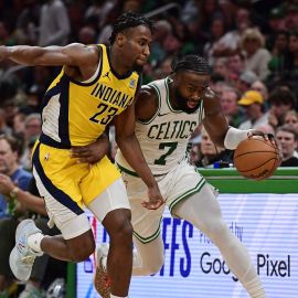 Boston Celtics forward Jaylen Brown and Indiana Pacers forward Aaron Nesmith