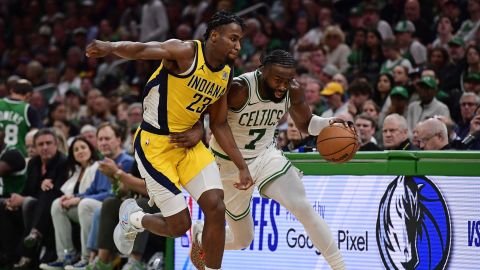 Boston Celtics forward Jaylen Brown and Indiana Pacers forward Aaron Nesmith
