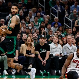 Boston Celtics forward Jayson Tatum and Miami Heat center Bam Adebayo