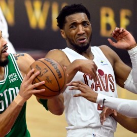 Boston Celtics forward Jayson Tatum and Cleveland Cavaliers teammates Donovan Mitchell and Isaac Okoro