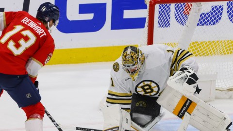 Boston Bruins goaltender Jeremy Swayman and Florida Panthers forward Sam Reinhart