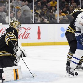 Boston Bruins goalie Jeremy Swayman and Toronto Maple Leafs center John Tavares