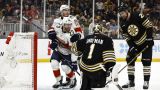 Boston Bruins goalie Jeremy Swayman and Florida Panthers forward Carter Verhaeghe